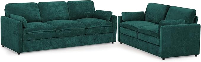ACMEASE 2 Pieces Chenille Sofa Set w/Arm Pillows, Upholstered Loveseat & 3 Seater Sofa w/Comfortable Back Cushions, Modern 2-Seat & 3-Seat w/High-Density Foam for Living Room, Apartment, Teal