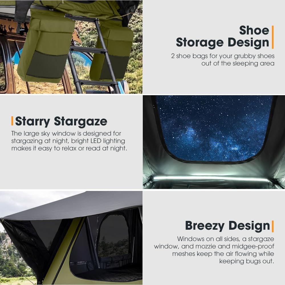 Sanhima Rooftop Tent Hard Shell - Jervis Overland Aluminium ABS Roof Top Tent w/Stargaze Window & LED Strip Light for Car SUV Truck Camping, 2-3 People (Army Green)