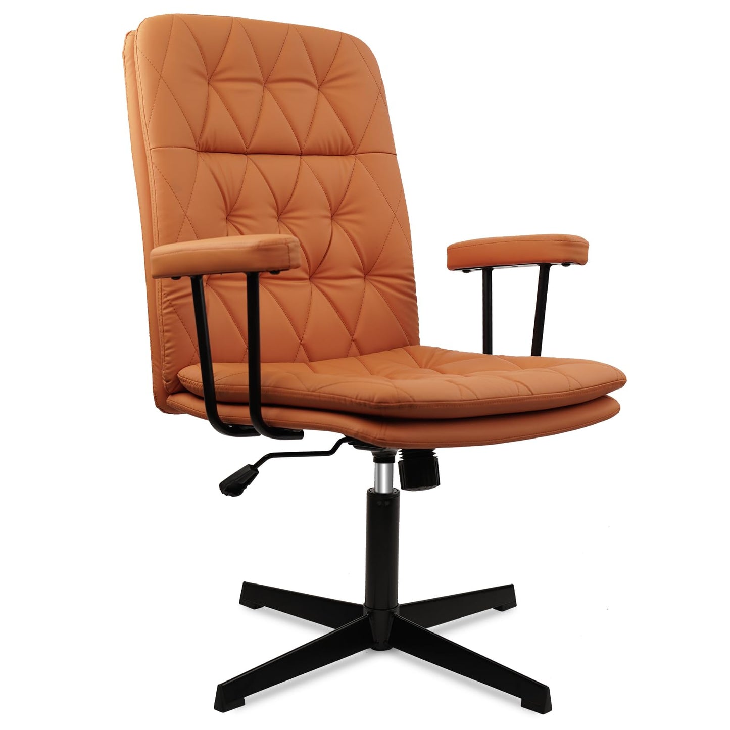 CLATINA Office Chair No Wheels,PU Leather Criss Cross Desk Chairs with Arms, Modern Cross Legged Computer Chair, Mid Back Height Adjustable Swivel Task Vanity Chair for Home Office, Orange