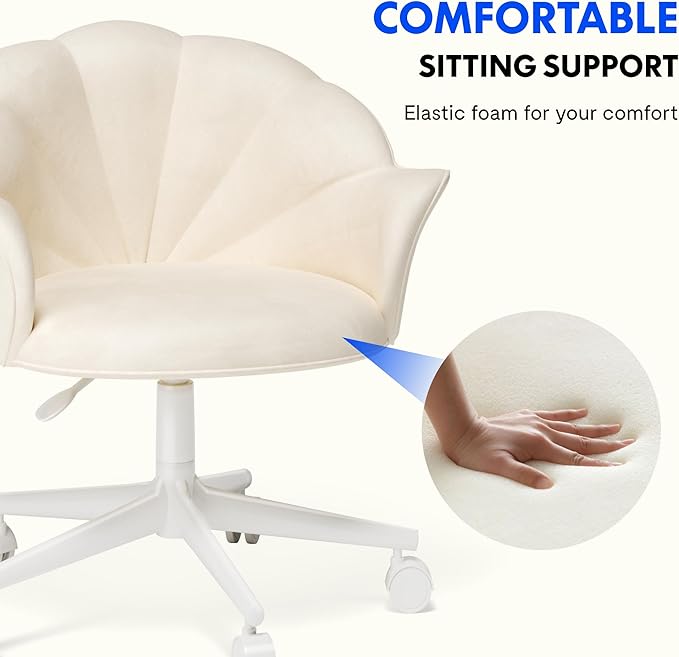 FLEXISPOT Makeup Vanity Chair with Back Velvet Armless Home Office Desk Chairs with Wheels, Cute Flower Modern Accent Chair for Girls Women Living Room Bedroom Vanity Study Small Space, White