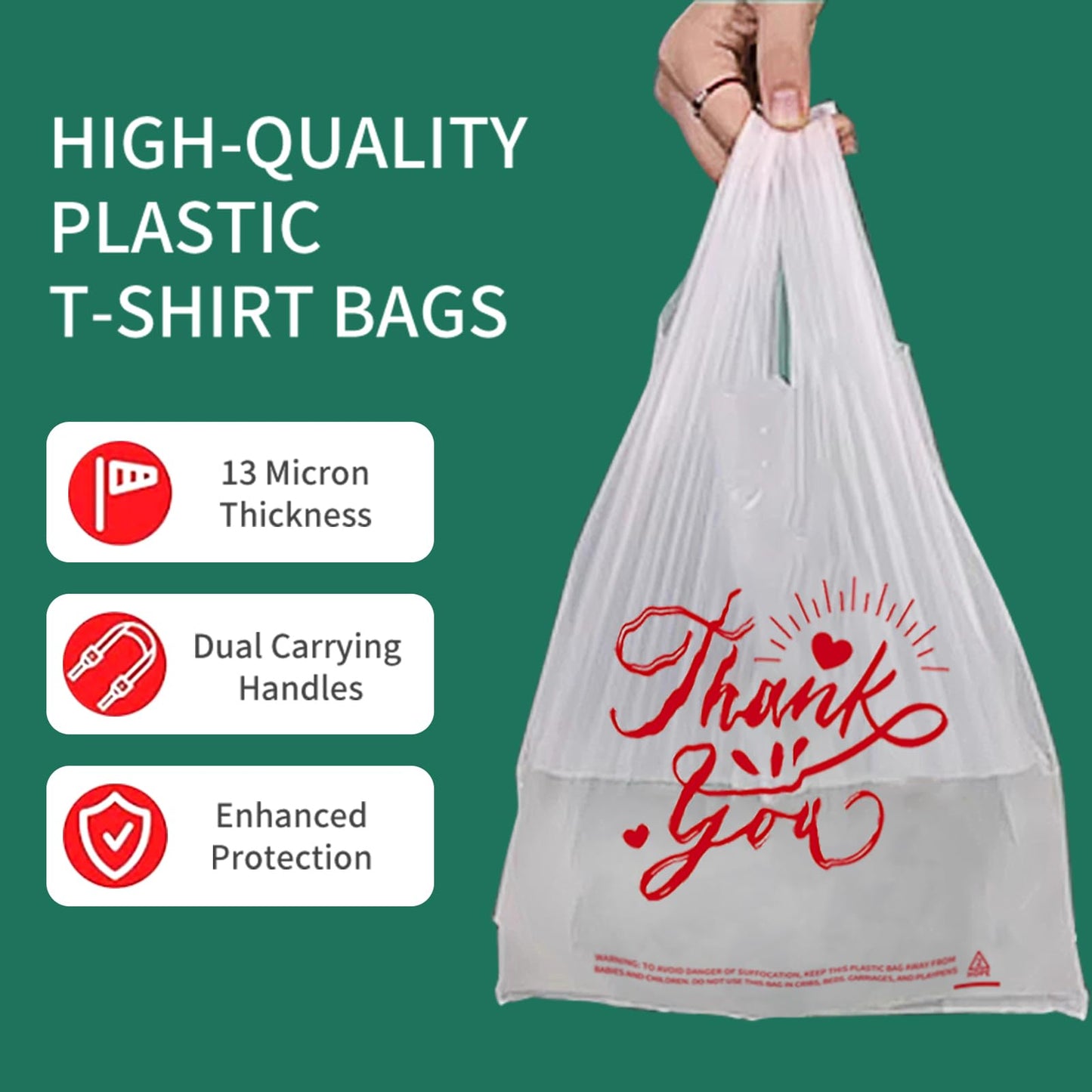 TGEONIX 300 Pack Upgraded White Thank You T-Shirt Bags - 11.5"x6.5"x21" Reusable Grocery Bags with Handles, Eco-Friendly Retail Packaging for Supermarket & Small Business