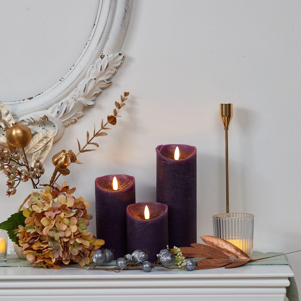 glowiu Flameless Candles with Remote LED Candles Set of 3, Battery Operated Candles for Party Home Wedding Holiday Birthday Decor (H 4" 6" 8" x D3) (Purple)