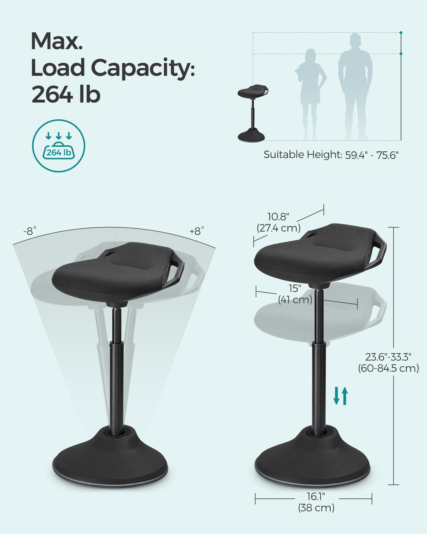 SONGMICS Standing Desk Chair, Adjustable Ergonomic Wobble Stool, 23.6-33.3 Inches Drafting Chair, Swivel Sitting Balance Stool, Fabric Upholstery, Anti-Slip Bottom Pad, Ink Black UOSC02BK