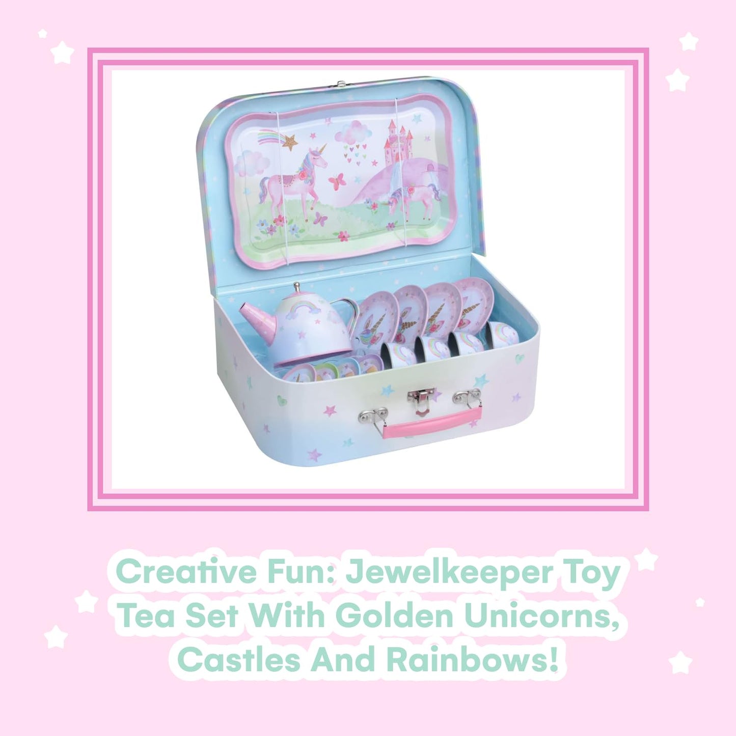 Jewelkeeper 42 Piece Tea Party Set for Little Girls Gift Pretend Kids Toy Tin Tea Set + Food & Carrying Case - Party Unicorn Design, Tea Set Kids, Toy Tea Set, Tea Set for Girls, Tea Party Set Tin