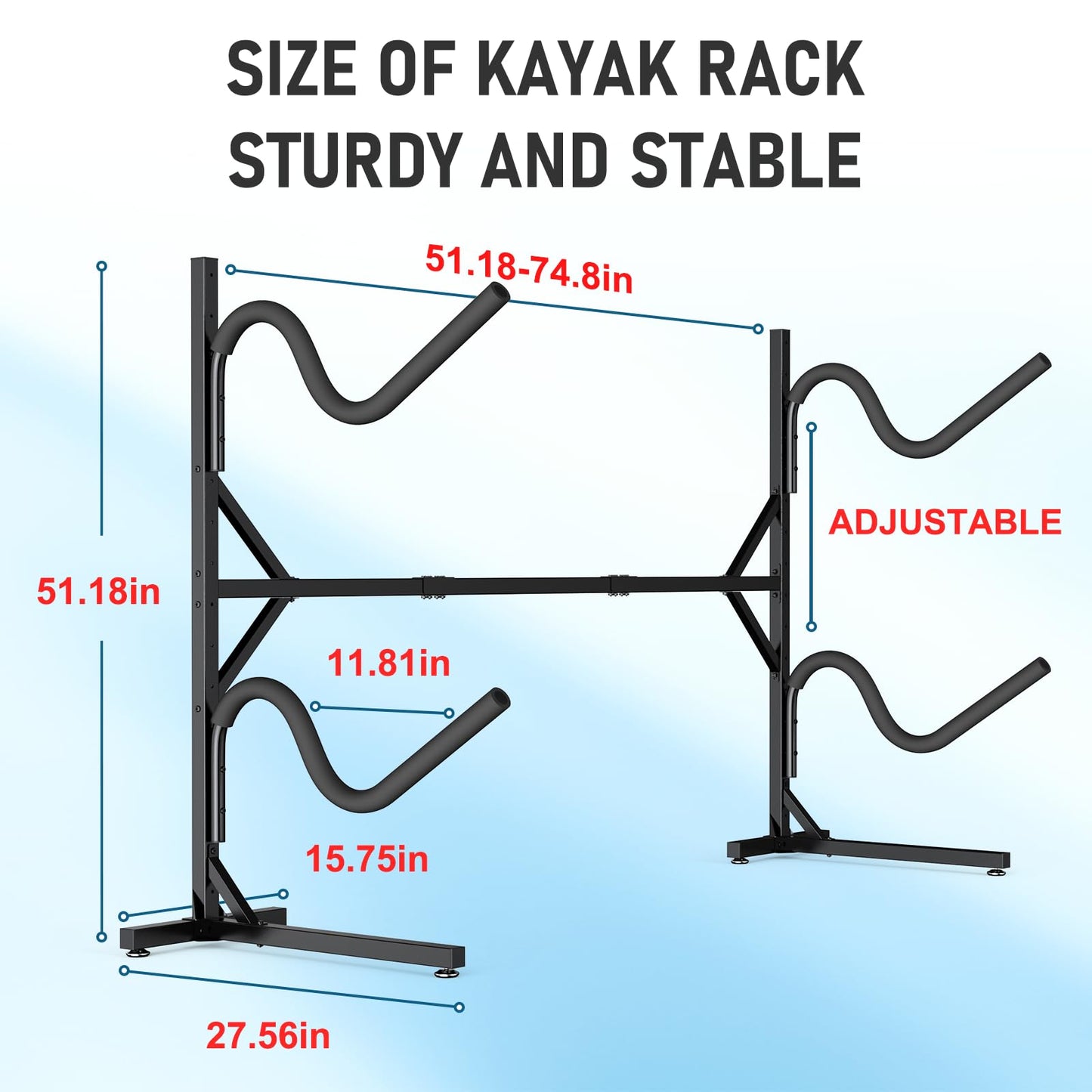 LXVOOEE Kayak Storage Rack, Heavy Duty Freestanding Kayak Rack for 2 Kayaks, Canoe, Surfboard and Paddle Board Adjustable Kayak Hanger Holder with Padded Arms for Indoor Outdoor Garage, S-Shape