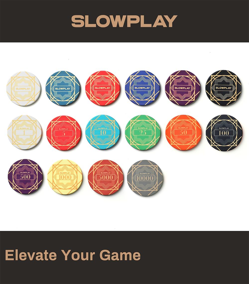SLOWPLAY Nash Ceramic Poker Chips in Bulk, Casino Grade Ceramic 10-Gram Poker Chip for Texas Hold'em, 39mm Professional Chips Pack of 50 with Denomination of 500