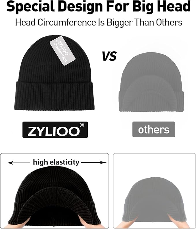 Zylioo Oversize Beanie Hats, XXL Big Size Ribbed Knit Cuffed Winter Hat for Cold Weather, Warm Skull Watch Cap