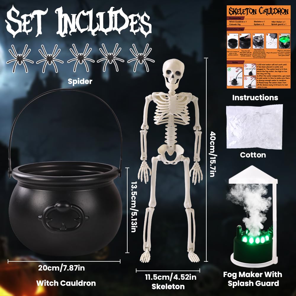 JOICEE Halloween Decorations Indoor, LED Mist Maker Halloween Witches Cauldron Black Plastic Cauldron with Skeleton for Halloween Decorations Home Room Mantel Table Decor