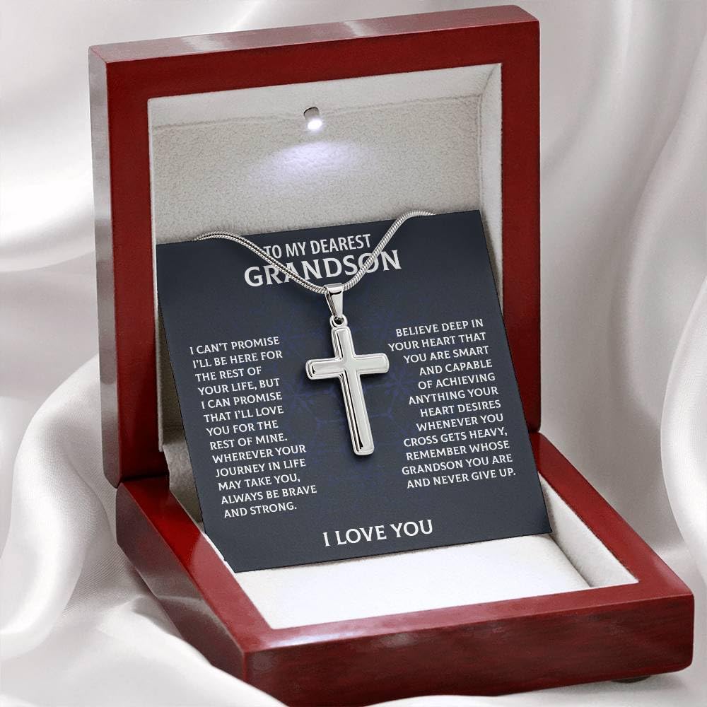 FLOWER TKV My Grandson Personalized Cross Necklace, Gift For Grandson From Grandma Grandpa, Graduation Birthday Birthday Christmas Cross Necklace Gift (Luxury Box w/LED, Brave &Strong)