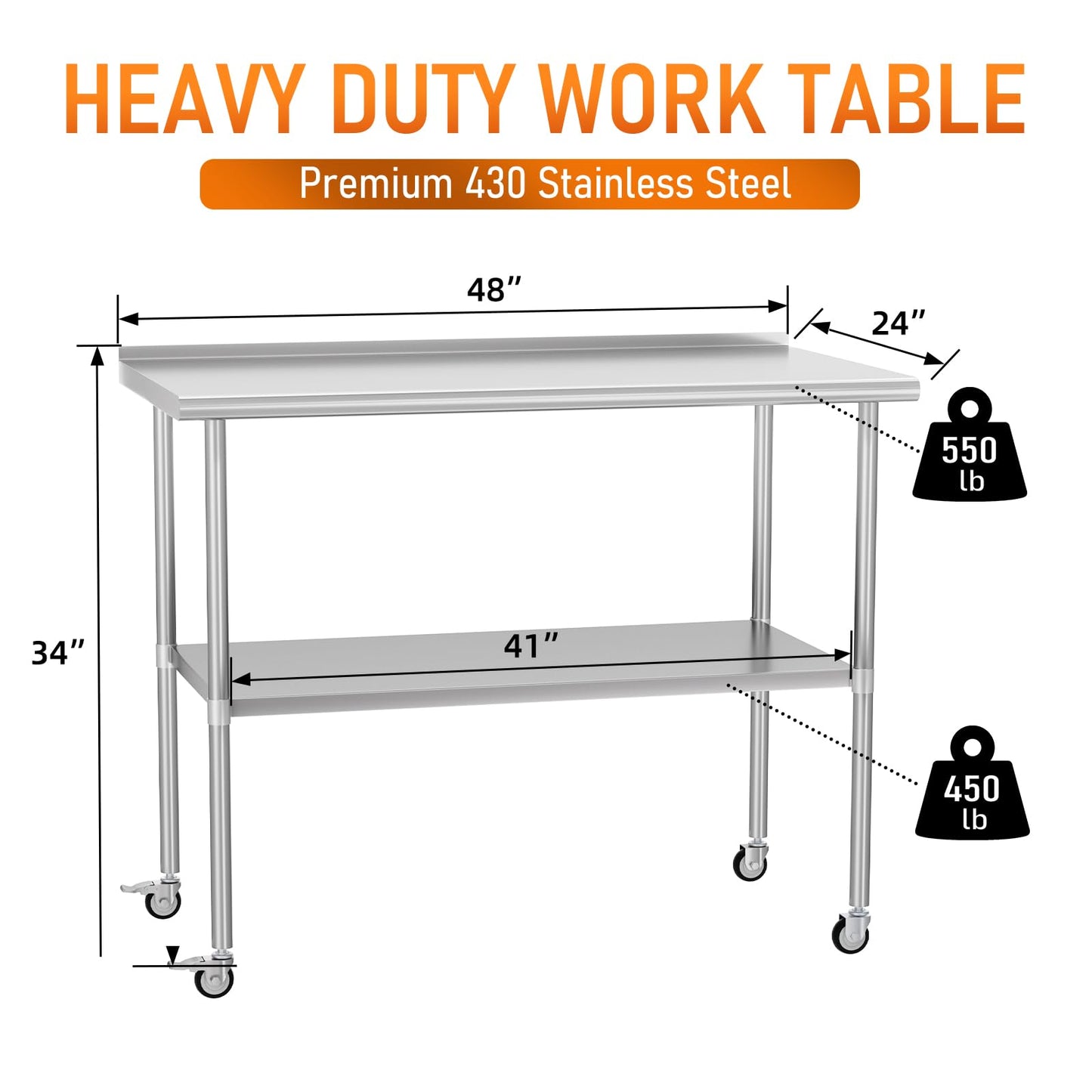 HOCCOT Stainless Steel Prep Table 24" X 48" with Adjustable Undershelf, Backsplash and Wheels, Commercial Metal Workstations for Kitchen, Garage, Outdoor BBQ