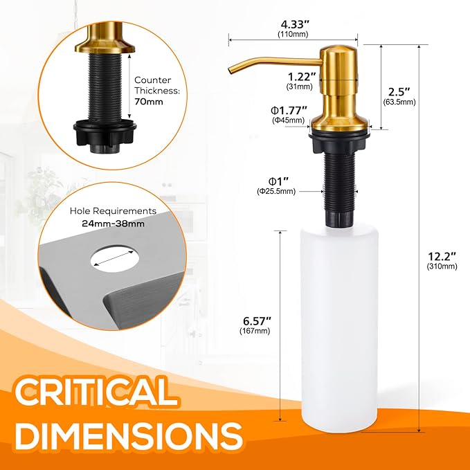 Gold Soap Dispenser for Kitchen Sink, Built in Dish Soap Dispenser Brushed Gold Stainless Steel Pump Head, Counter Soap Lotion Dispenser Refill from The Top with 17 Oz PE Bottle