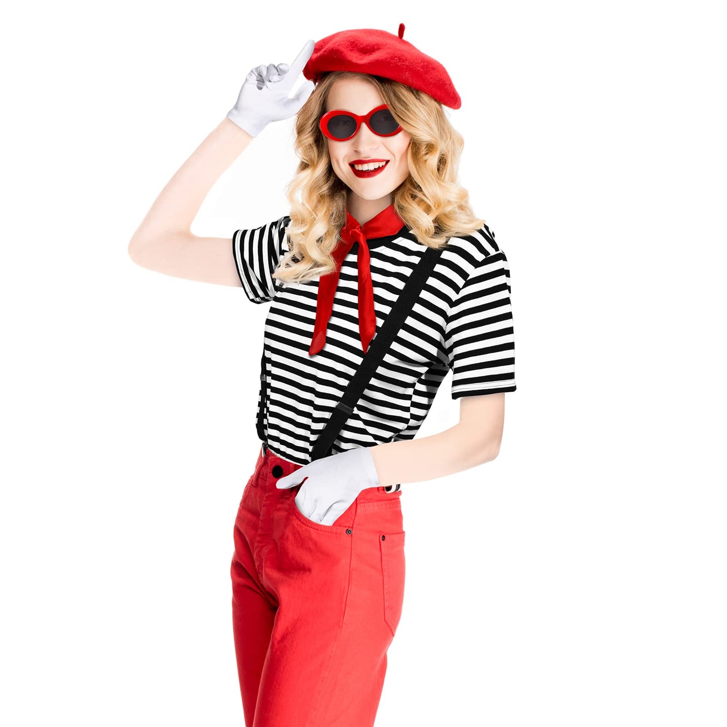 Zhanmai French Mime Artist Costume Set for Women Red Beret Sunglasses Neck Scarf Gloves Suspenders for Costume Party(M)