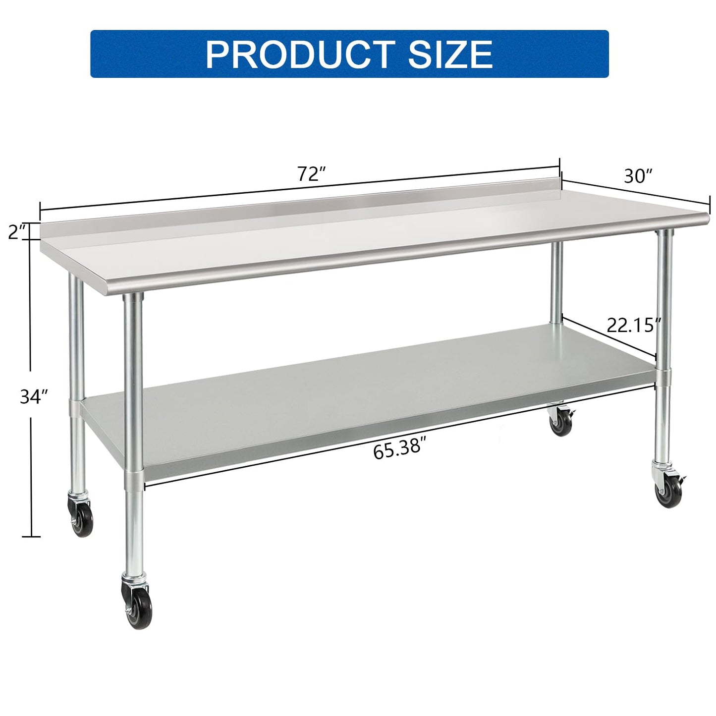 HARDURA Stainless Steel Table with Wheels 30X72 Inches NSF Heavy Duty Commercial Prep Table with 2” Backsplash and Adjustable Undershelf for Food Prep