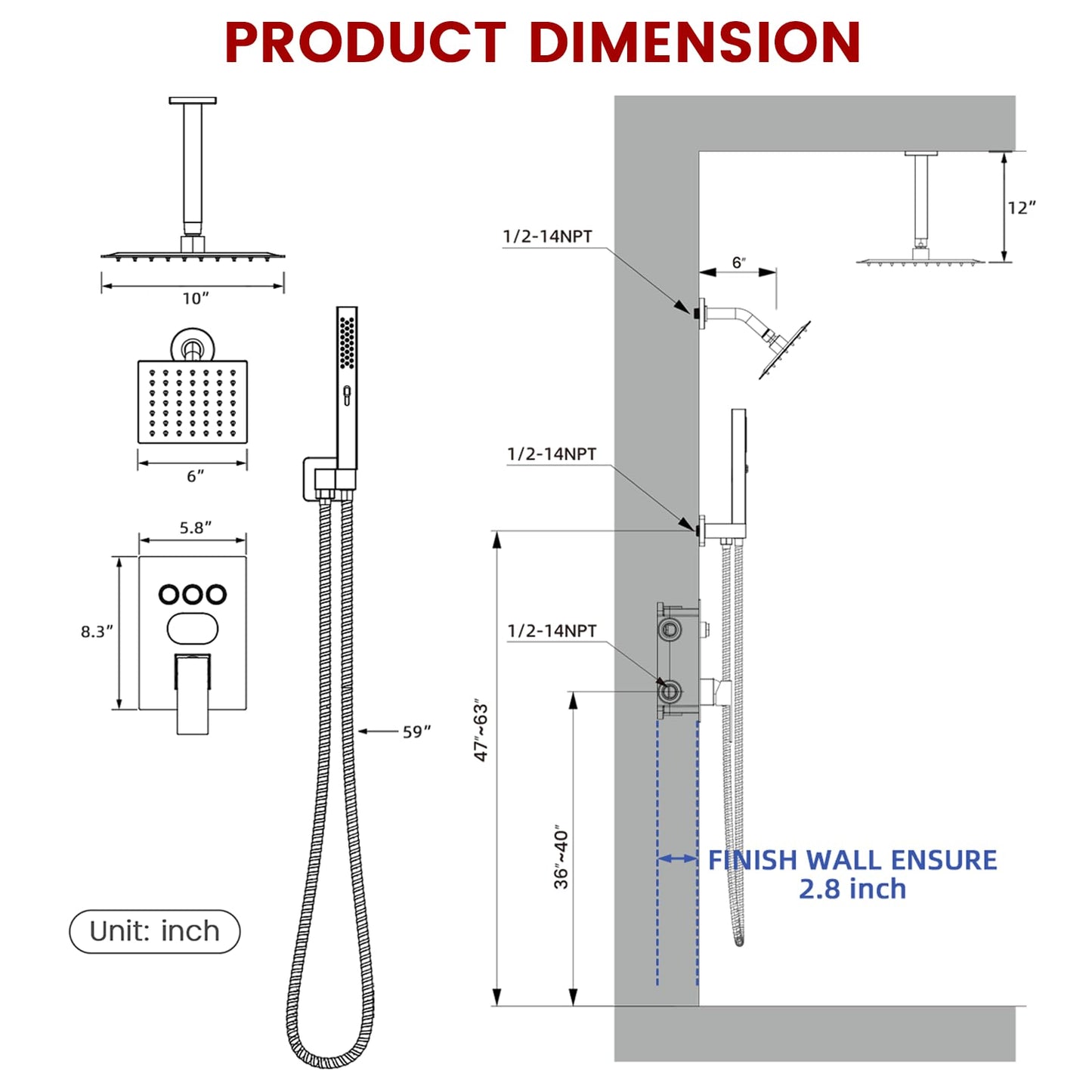 Push Button Diverter Shower Faucet Set Hydro Power Temperature Display, Shower System Ceiling Mounted 10" & Wall Mounted 6" Shower Head with 3-Spary Handheld, Brushed Gold