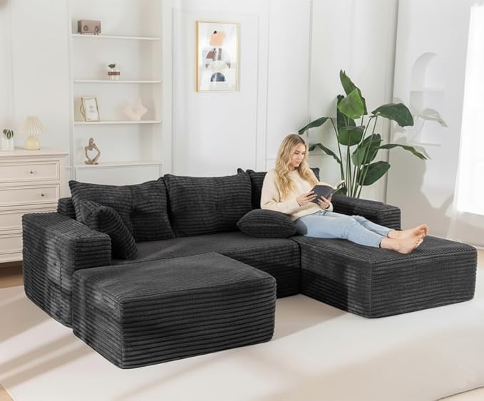 NAYA 106” Modular Sectional Sofa, Cloud Sectional Couch with Deep Seat, Modern Modular L-Shape Sofa Boneless Couch with Chaise for Living Room Bedroom (Grey, U-Shaped Minimalist Sofa)