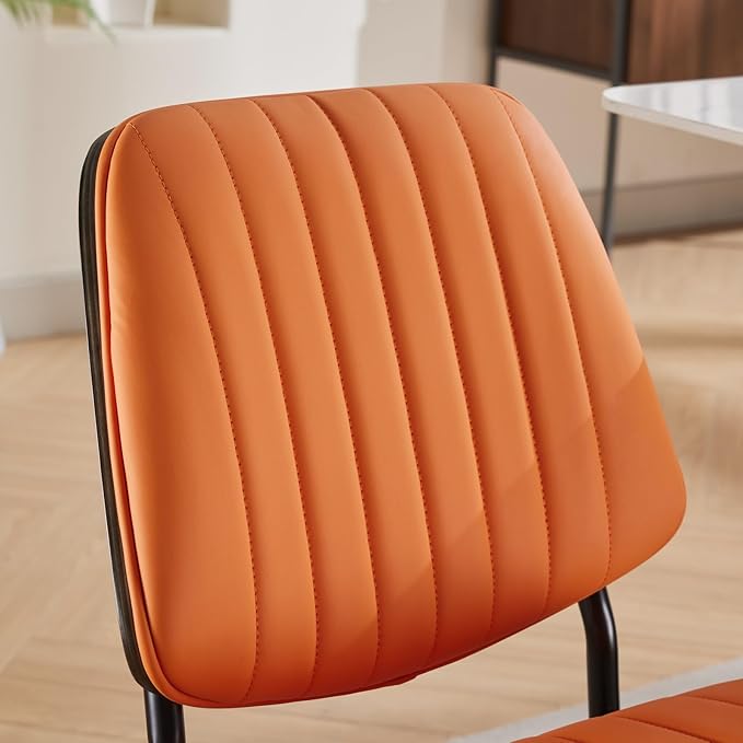 YaFiti Dining Chairs Set of 8, Mid Century Modern Accent Dining Room and Kitchen Chairs, Upholstered PU Leather Vertical Stripe Chairs for Vanity with Walnut Bentwood and Metal Legs, Orange