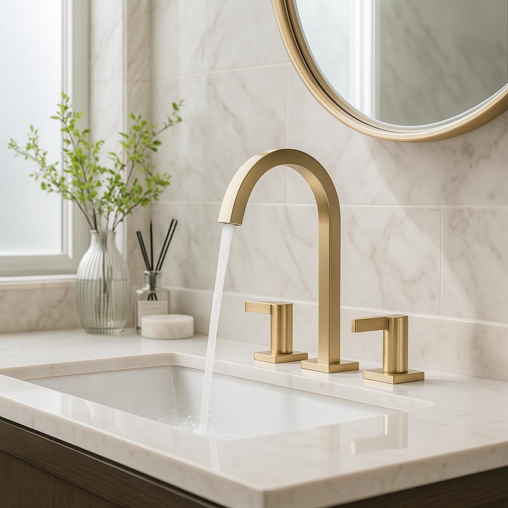 INDARE Brushed Gold Bathroom Faucets, 8 Inch Brass Widespread Bathroom Sink Faucet 3 Holes, Two Handles Sink Faucet with Metal Pop-Up Drain & CUPC Supply Lines, for Gold Vanity RV