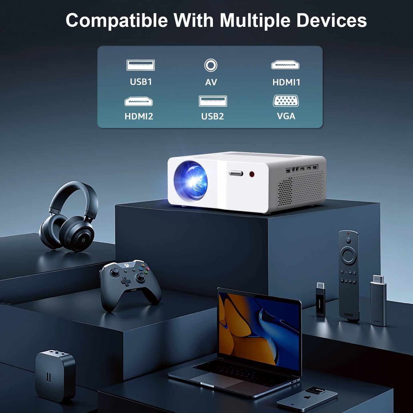 Native 1080P 5G WiFi Bluetooth Projector, 1200ANSI Portable Outdoor Movie Projector, 4K Supported, 450" Display Video Projector for Home Theater, Compatible with TV Stick Smartphone/HDMI/USB (White)