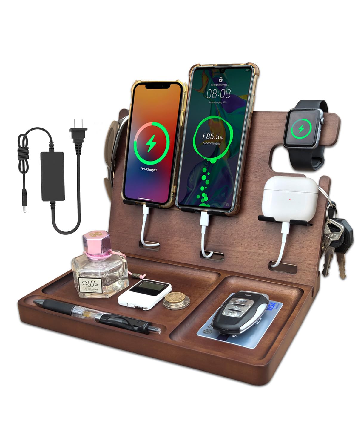 Xunhomon Wood Phone Docking Station Nightstand Organizer Charging Station with QC 3.0 & PD22.5W USB C Charger Fast Charging for