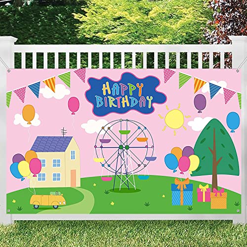 Happy Birthday Backdrop Colorful Cartoon House Sky Flag Car Photography Background Cartoon Pink Pig Theme Banner for Baby ...