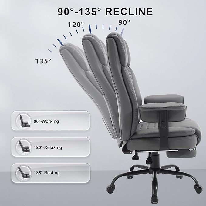Reclining Office Chair with Footrest, 400Lb Big Tall Office Chair with Lumbar Support Pu Leather Computer Swivel Executive Chairs for Adult, High Back Recliner Office Desk Chair,Grey