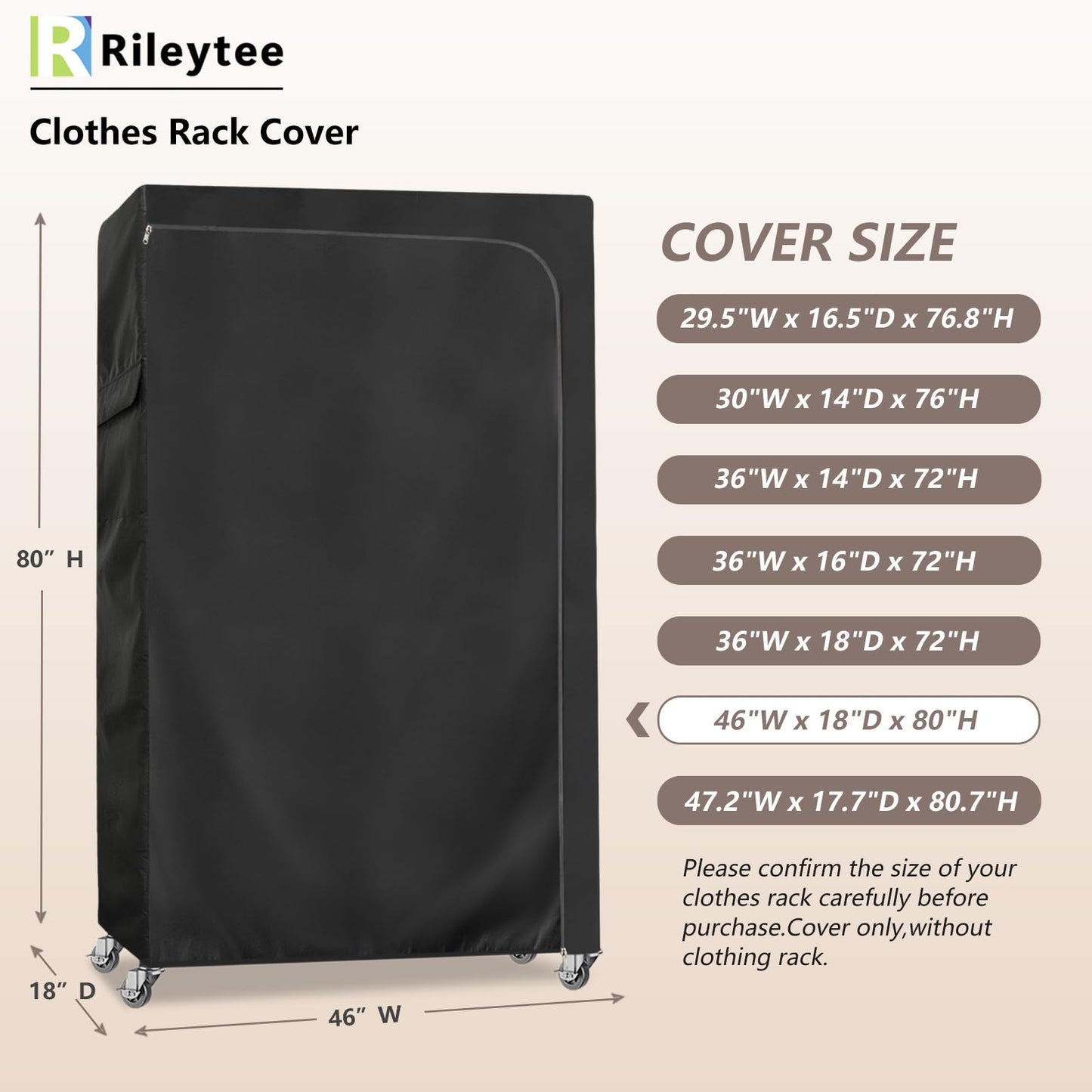 Rileytee Garment Rack Cover,600D Heavy Duty Waterproof Clothing Rack Cover,Clothes Rack Cover with Zipper for Metal Garment Rack(Black,46"W x 18"D x 80"H,Cover Only)