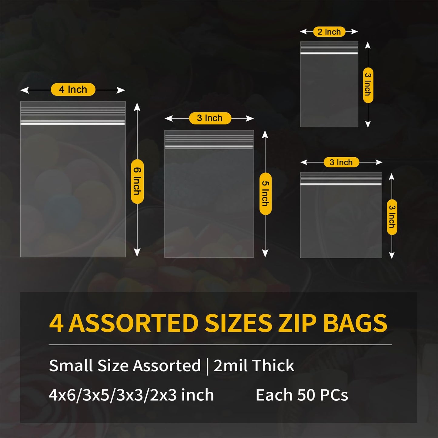 200 Pack Small Plastic Bags For Jewelry, Mini Baggies 4 Assorted Sizes. 2x3 3x3 3x5 4x6 Inch 2 Mil Thick Poly Zipper Lock Bags Clear for Jewelry, Bead, Crafts, Small Parts Storage