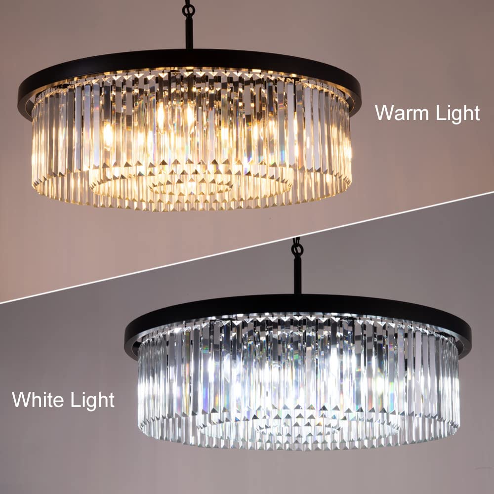 Wellmet Modern Black Crystal Chandelier, 33.5" Large 3-Tier Round Pendant Light with Adjustable Chain, 9-Light Luxury Crystal Ceiling Fixture for High Ceiling Foyer, Grand Living Room, Dining, Bedroom