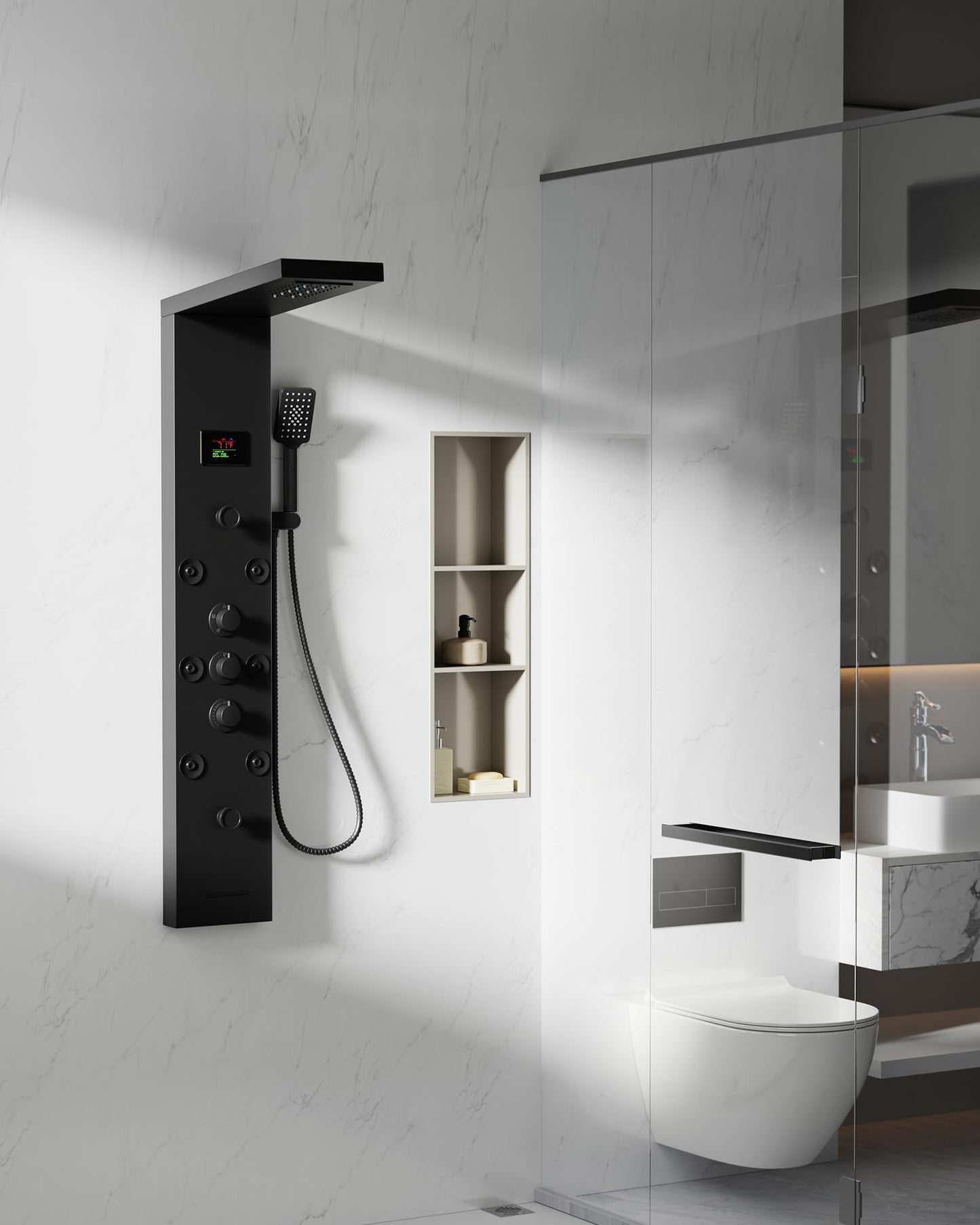 5 In 1 Shower Panel Tower System LED Rain Waterfall Shower Head and Adjustable Massage Body Jets 3 Settings Handheld Head and Tub Spout Stainless Steel Bathroom Panel Matte Black by Homevacious
