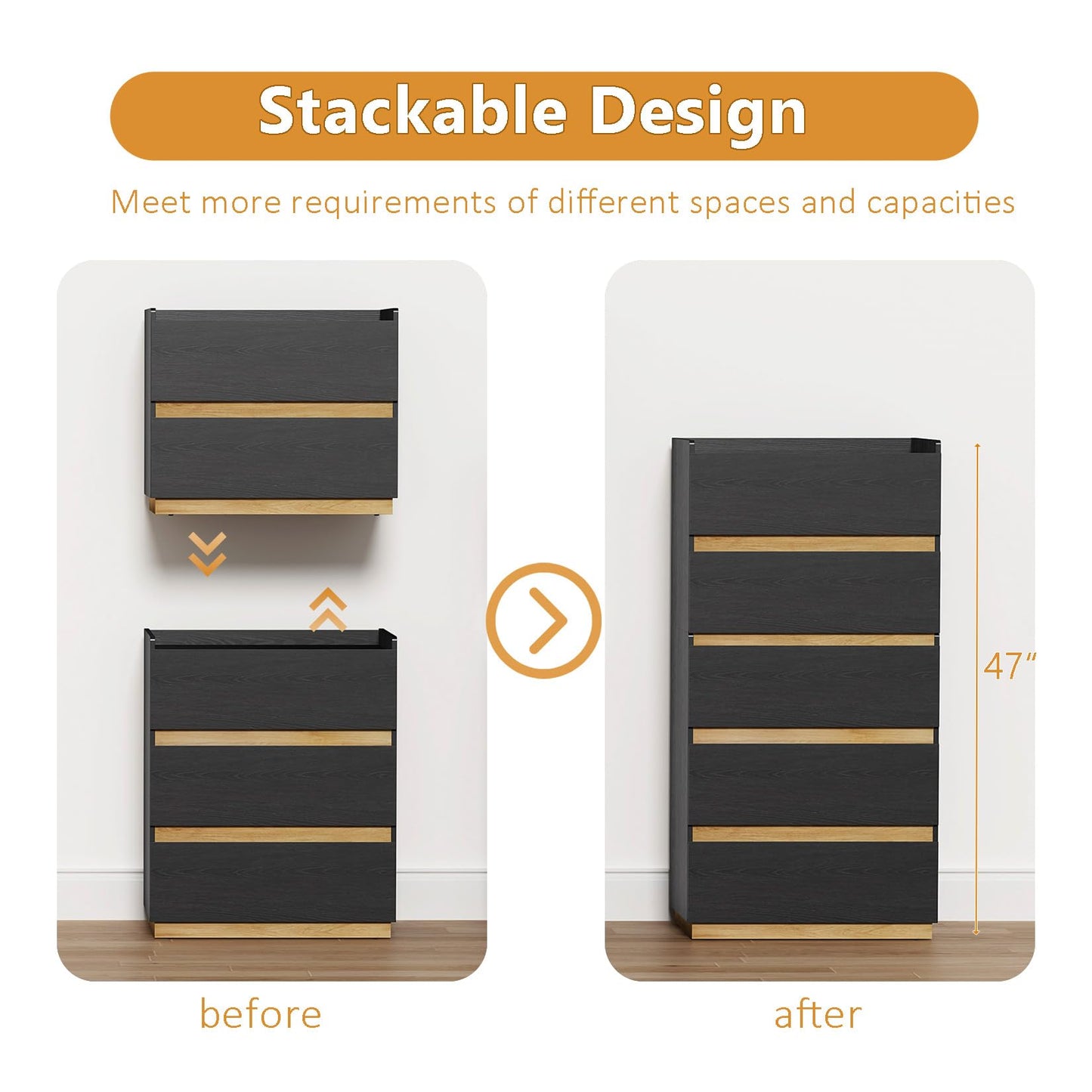 DAELIFKER Large Modern Nightstand Black Bedside Table, 2 Drawer Dresser Wood Stackable Storage Drawers for Clothes for Closet, Bedroom, 24"x16"x20"