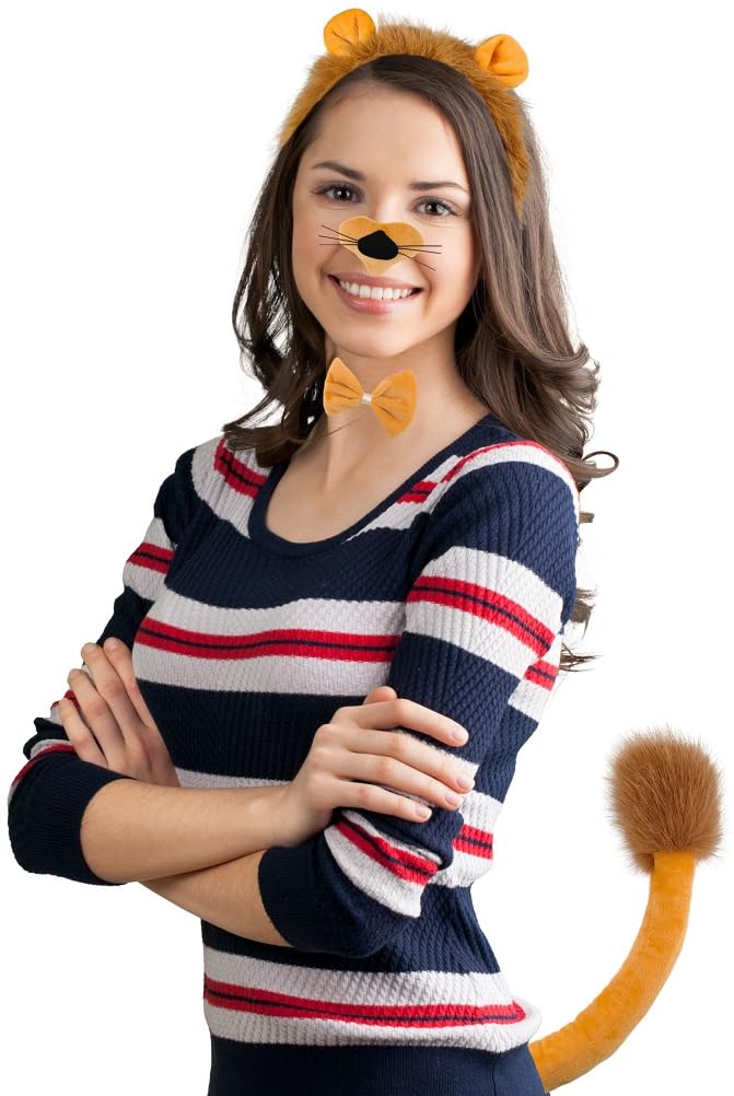 Delfd Lion Ears Headband With Tail Nose and Bow Tie, Fluffy Animal Ears Lion Costume Adult for Halloween Party Cosplay, Lion Tail and Ears