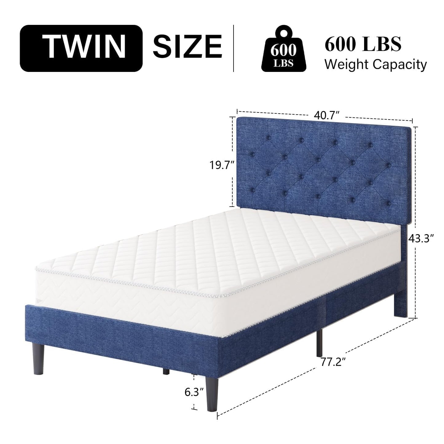 HOMBCK Twin Size Bed Frame with Adjustable Headboard, Blue Linen Fabric Upholstered Bed Frame for Kids, Strong Wood Slat Support, Button Tufted Design, No Box Spring Needed, Blue