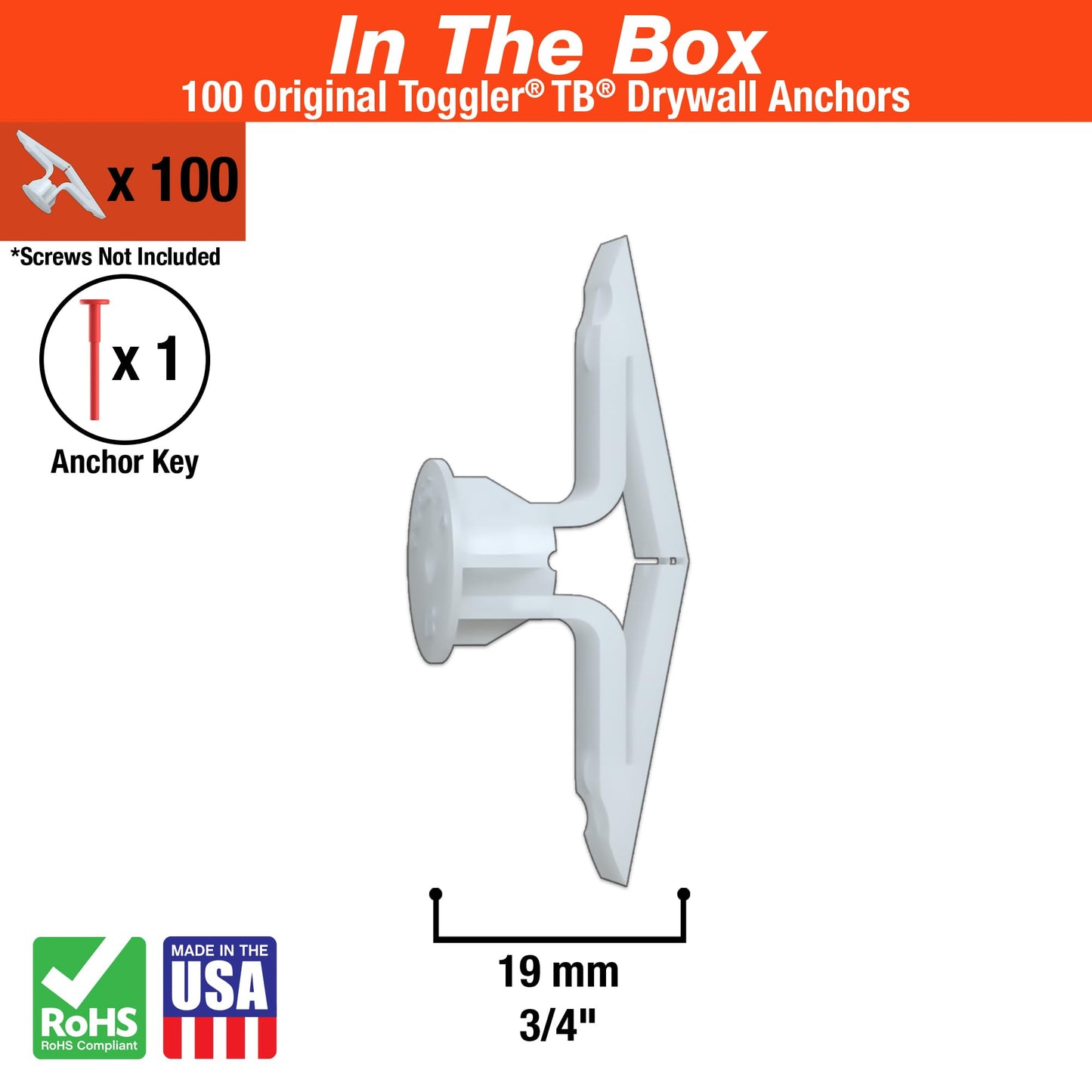 TOGGLER Toggle TB Residential Drywall Anchor, Polypropylene, Made in US, 3/8" to 1/2" Grip Range, For #6 to #14 Fastener Sizes (Pack of 100)