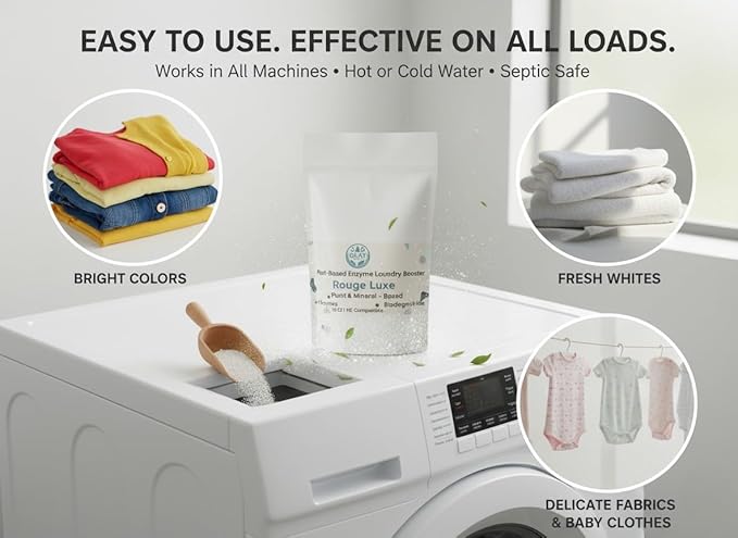Enzyme Laundry Booster Powder - Rouge Luxe | Plant-Based, 6-Enzyme Blend for Maximum Stain & Odor Removal | Biodegradable, Boosts Detergent in All Water Temperature, HE Compatible, 16 Oz