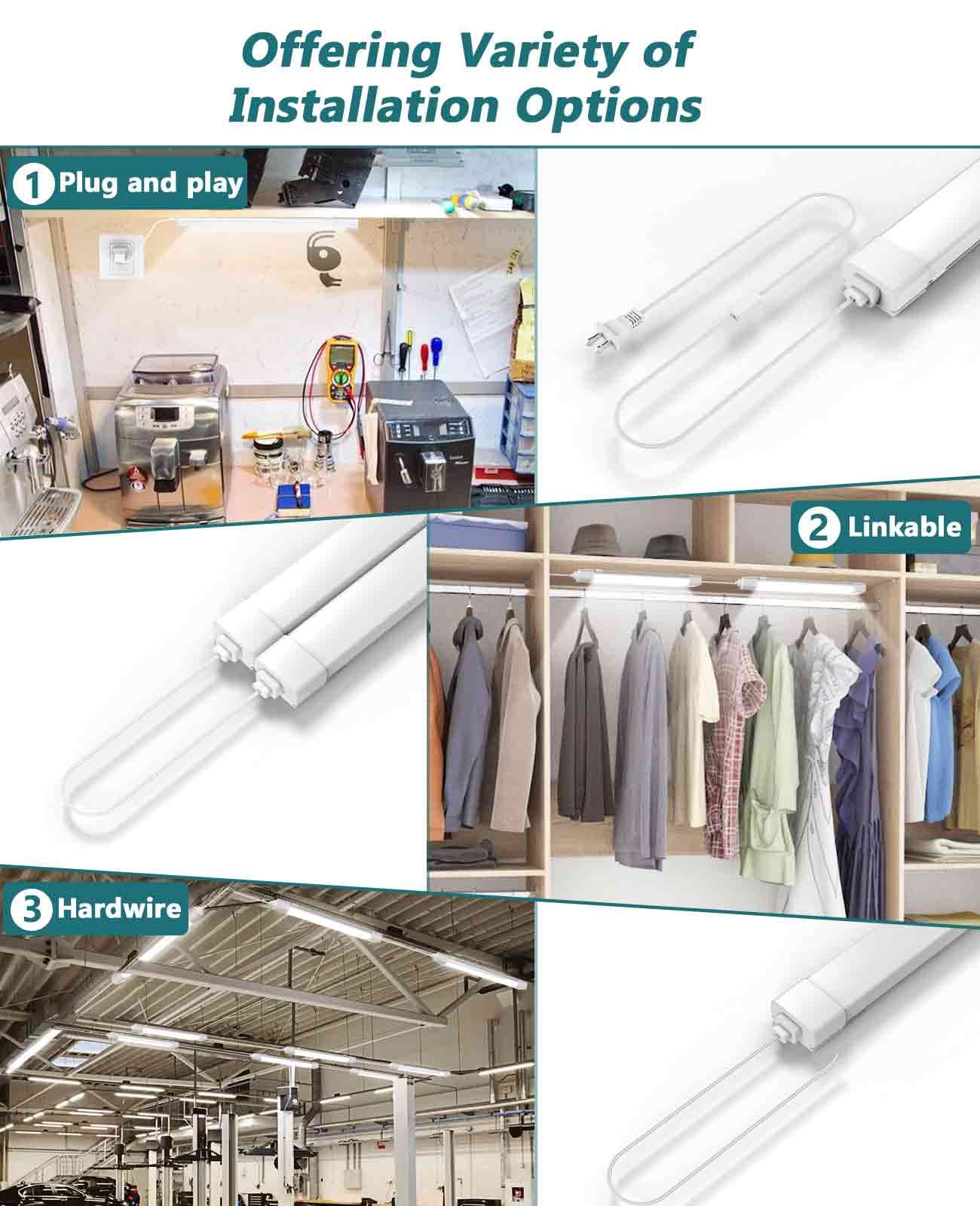 WNSNOU LED Shop Light With Plug, 4FT Waterproof Linkable Tube, 36W Cabinet Lighting 5000K Wired Electric Ceiling With ON/Off Switch, 4000LM Closet Light for Workshop, Room