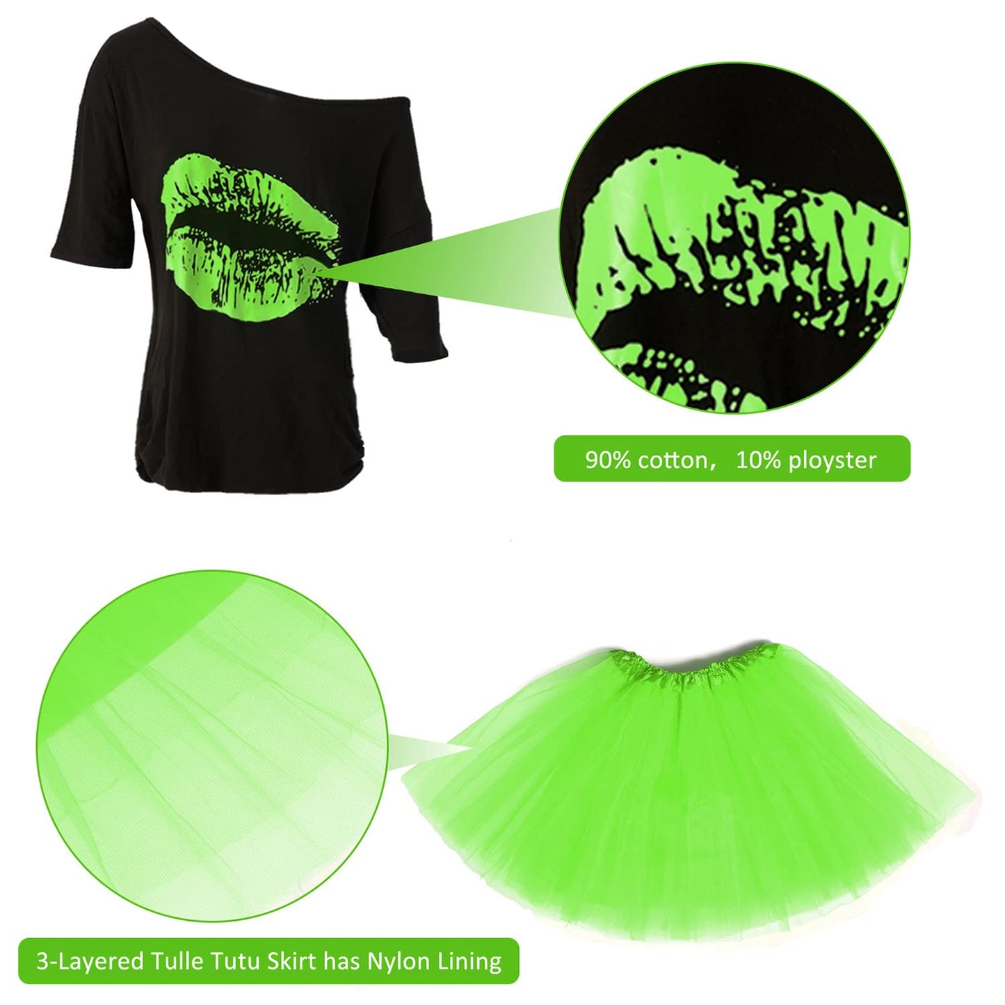 Women's 80s Costume Accessories Set,Lips Print Off Shoulder Tops Headband Leg Warmers Fishnet Gloves Printed Leggings (E-Green-tutu skirt, M)