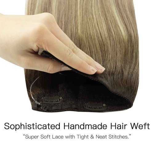 HOTBANANA Walnut Brown to Ash Brown and Bleach Blonde Fish Line Real Human Hair Straight Invisible Wire Remy Hair Extensions, 18 inch 95g