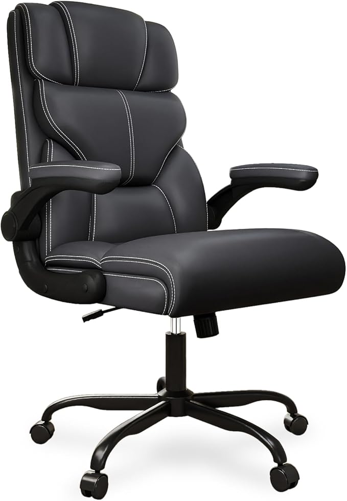 Executive Office Chair with Flip-up Armrests,Ergonomic Computer Desk Chairs,Mid-Tall Back Leather Office Chair 400 Lbs,Lumbar Support Swivel PC Chair with Rocking Function