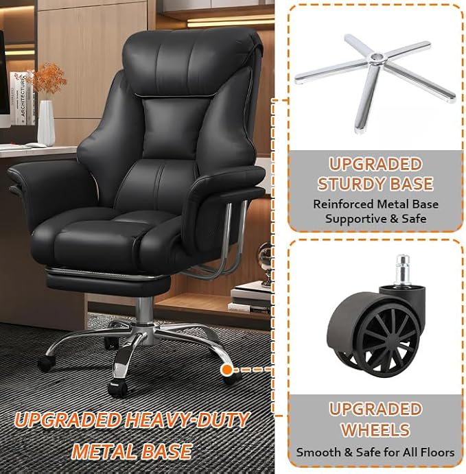 HDHNBA Big and Tall Office Chair 550 lbs Extra Wide Leather Executive Chair with Retractable Footrest, Heavy-Duty Ergonomic Chair, Adjustable Height Computer Gaming Chairs