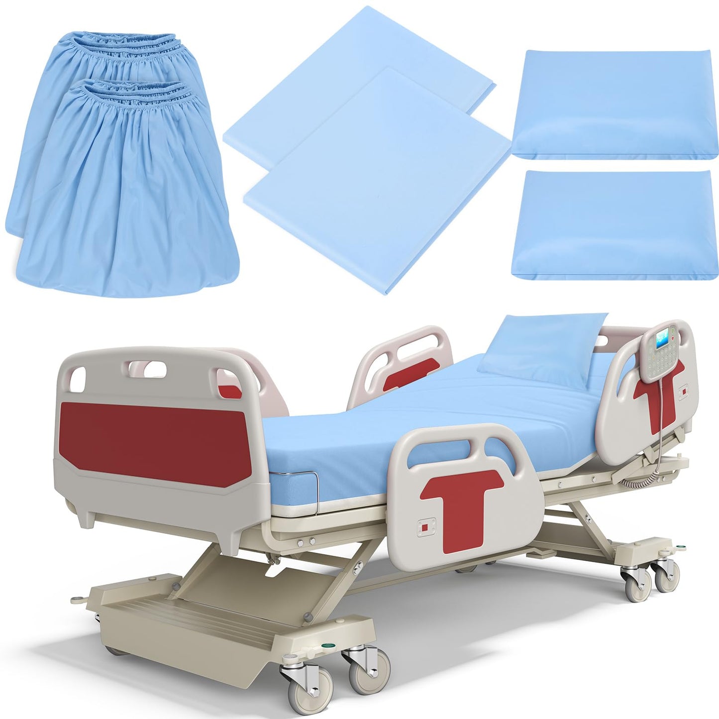 Moukeren 6 Pcs Hospital Bed Sheets for Home Use Extra Long Hospital Bed Fitted Sheets Sets 36 x 84 x 14 Inches Included Quilt Cover and Pillow Case (Blue)