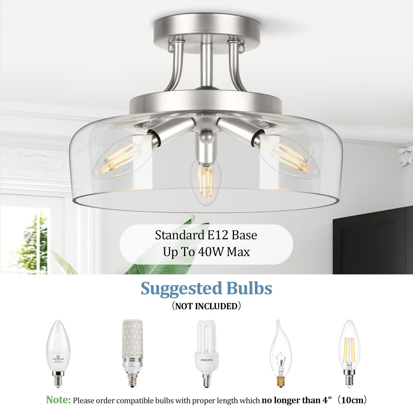 TOBUSA 3-Light Semi Flush Mount Light Fixture, Modern Industrial Glass Ceiling Light with E12 Base, Metal Semi Flush Ceiling Light for Living Room Kitchen Bedroom Hallway Balcony, No Bulbs, Nickle