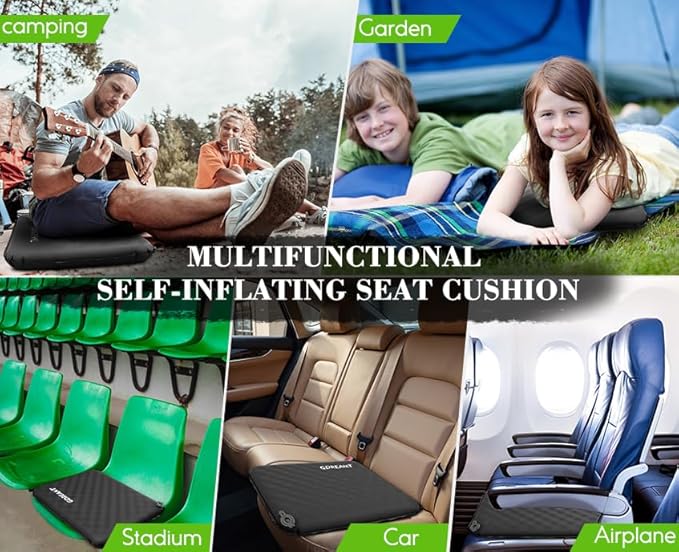 GDREAMT Inflatable Seat Cushion, Self-Inflating Memory Foam Stadium Seats Cushion Lightweight & Compact Chair Sitting Pad Airplane Cushion for Long Flight Travel Outdoor Camping Car Bleachers Office