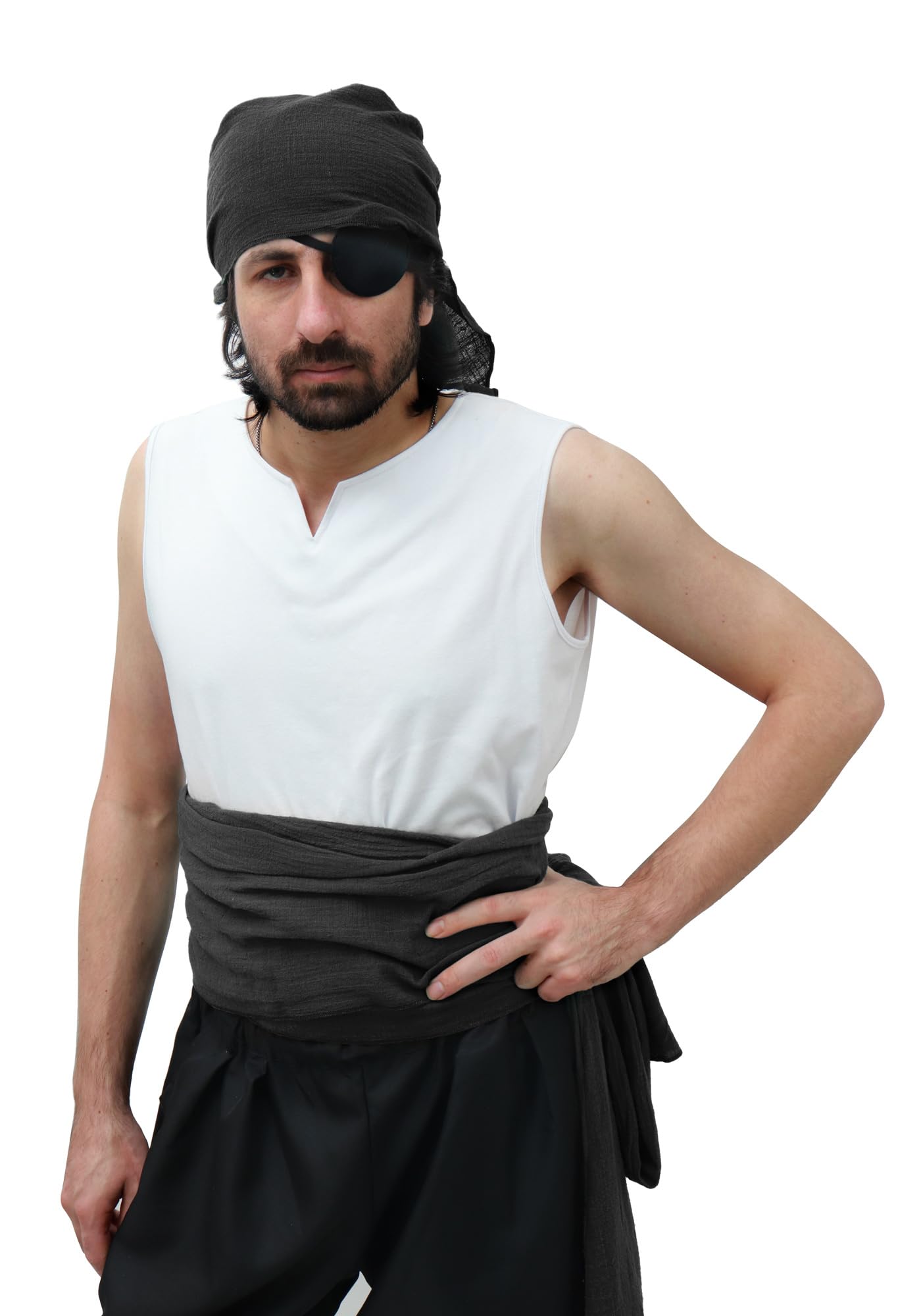 UJUROU Medieval Pirate Sash Bandana 2 PCS Linen Straps Wide Waist Belt and Headband Renaissance Costume Accessory (Black)