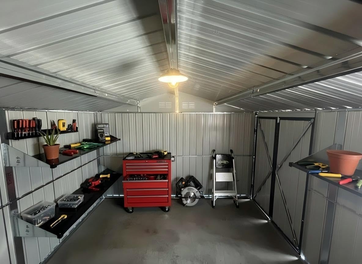 KEIKI 12x10 FT Metal Garden Shed with Window & Storage Shelves, Outdoor Storage House, Apex Roof Ventilated Heavy Duty Shed with Hinged Door for Backyard Tool Organization, Lock Included, Brown