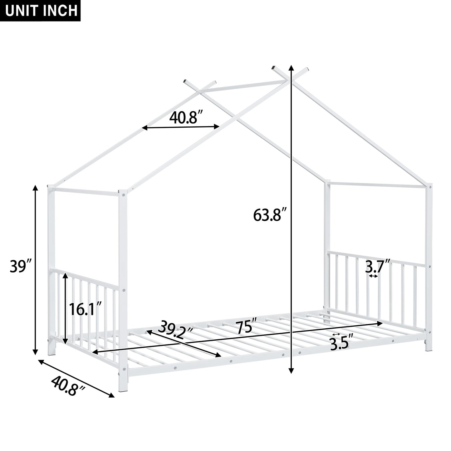 Twin Size Kids Montessori Floor Bed,House Bed Frame with High Headboard,Twin Floor Bed with Roof for Boys Girls,Floor Bed Metal Frame (White)