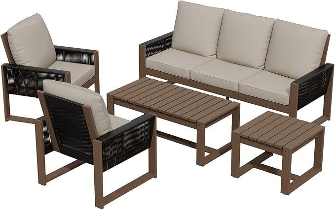 INTER HUT Rustic Hideaway Natural Cedar Wood Outdoor Furniture Set, Wicker Patio Conversation Set for Porch Garden Backyard, Couch, Patio Chairs, Tables, 5 Piece, Brownish/Beige