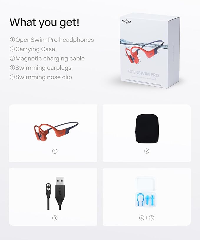 SHOKZ OpenSwim Pro - Open-Ear Bluetooth & MP3 Bone Conduction Sport Headphones, Swimming Headphones, IP68 Waterproof, Red