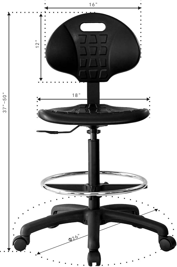CHAIR MASTER -Heavy Duty Ergonomic Drafting Stool Black-EASY TO CLEAN-Largest (20") Adj. Footring and Base (26") in the market. Seat Ht Range (23"-33"). for Home, Auto, Lab, Cleanroom-Standard Casters
