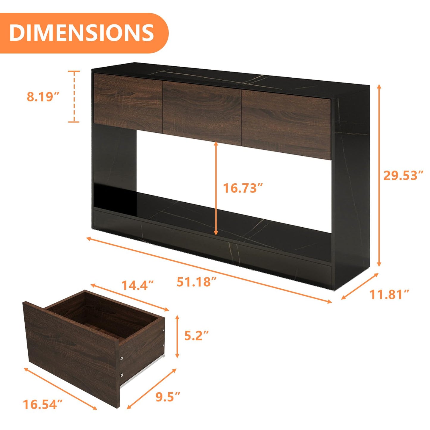 LAZZO 51" Long Console Table 3 Drawers Entryway Sofa Table with Storage and Open Shelf Behind Couch for Living Room, Foyer, Hallway, Entry Black and Office Marble Black and Brown
