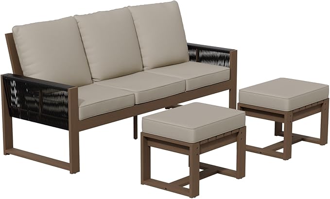 INTER HUT Rustic Hideaway Natural Cedar Wood Outdoor Furniture Set, Wicker Patio Conversation Set for Porch Garden Backyard, Couch and 2 Ottomans, 3 Piece, Brownish/Beige